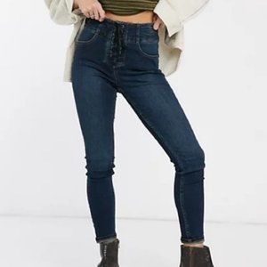 We The Free Free People CRVY Laced Fly High Rise Dark Wash Skinny Jeans Size 26